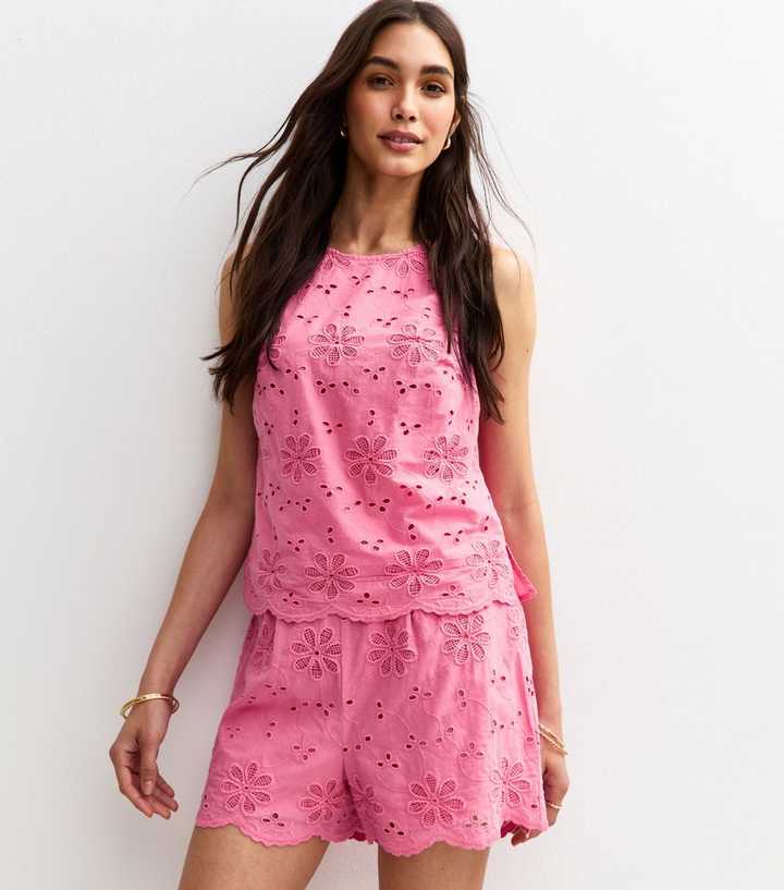 Bright Pink Floral Embroidered Shorts
