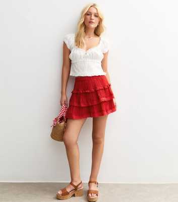 Bright Red Textured Embroidered Lace Trim Tiered Mini Skirt