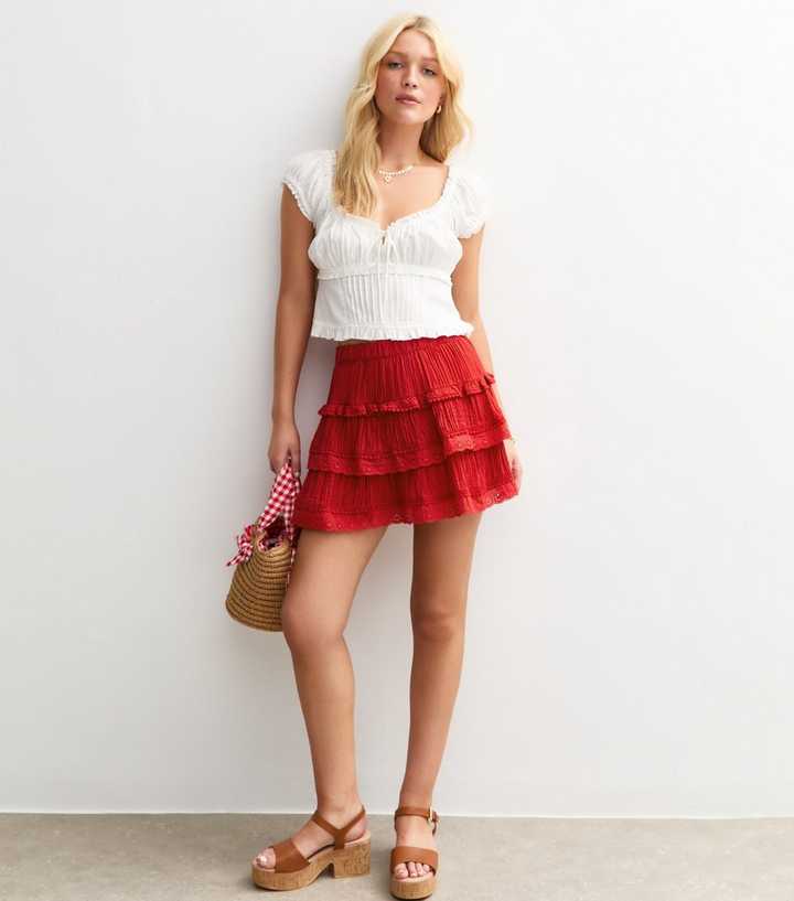 Bright Red Textured Embroidered Lace Trim Tiered Mini Skirt