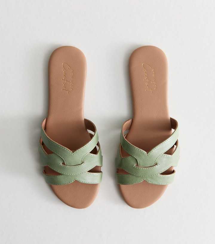 Mint Green Faux Leather Cut Out Interwoven Strap Sandals