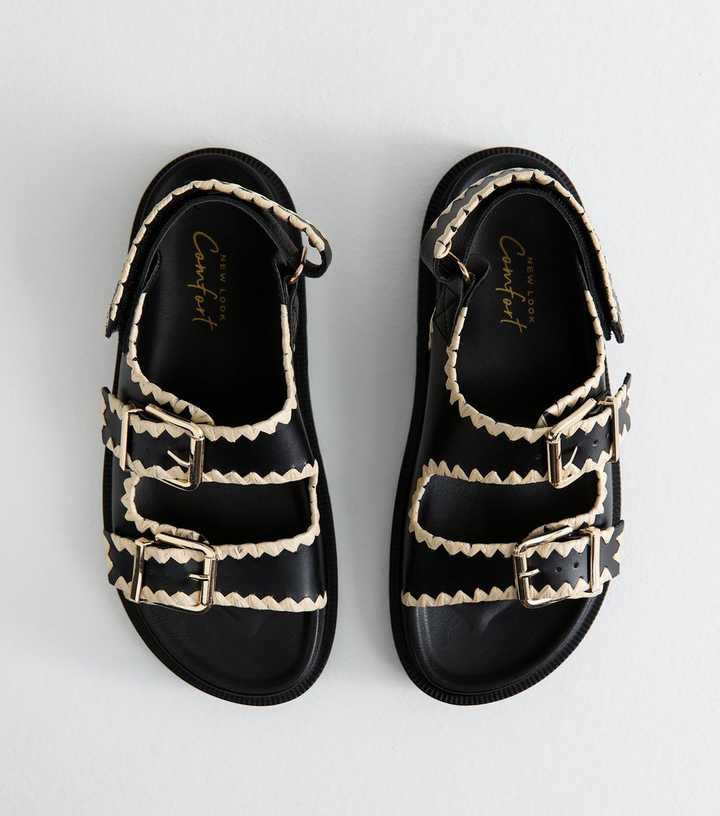 Black Whipstitched Faux Leather Sandals