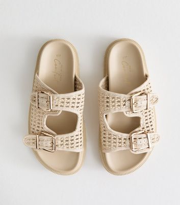Off White Basket Weave Buckled Strap Sandals