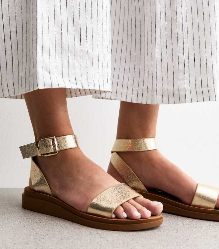 Gold Faux Leather Open Toe Sandals