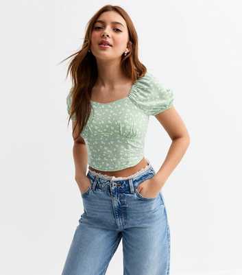 Girls Green Floral Print Corset Waist Top