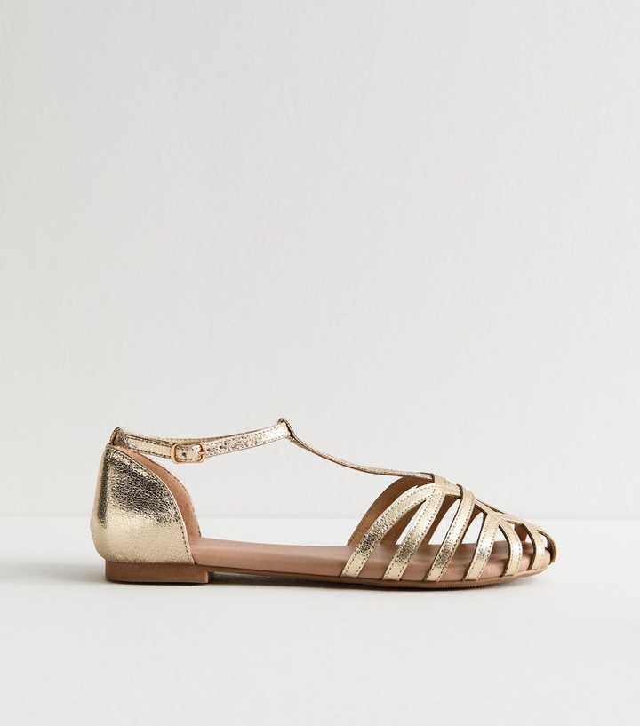 Gold Faux Leather Interwoven Strap Sandals