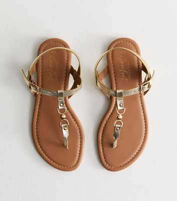 Gold Faux Leather Hardware Detail Toe Strap Sandals