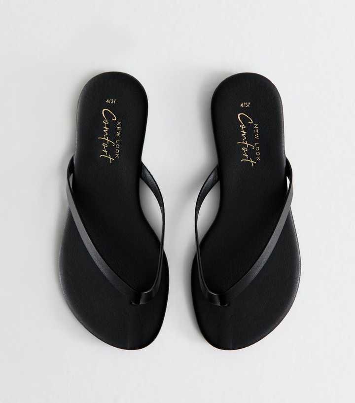 Black Faux Leather Thong Strap Sandals