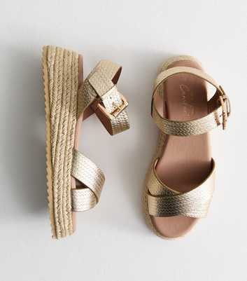Gold Crossover Strap Faux Leather Flatform Sandals