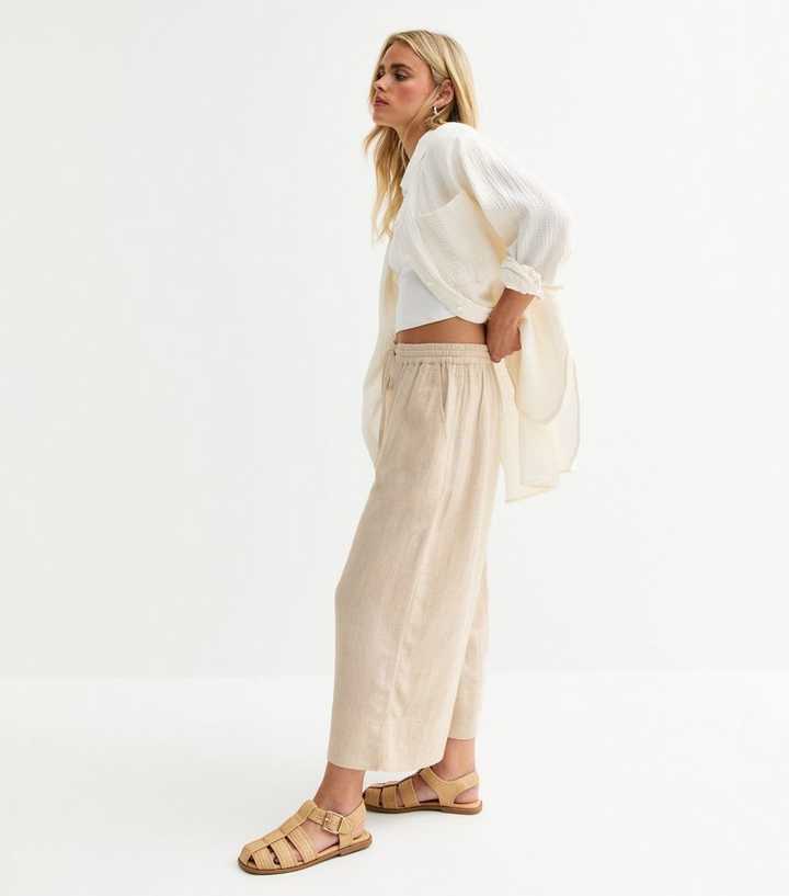 Drawstring Color Cream Petite Cream Drawstring Waist Cropped Linen-Look Trousers | New Look