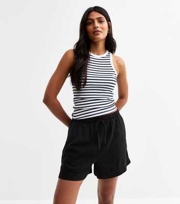 Black Linen Blend Drawstring Waist Shorts