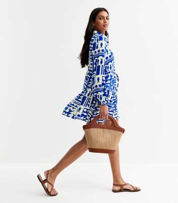 Blue Abstract Pattern Tiered Mini Shirt Dress