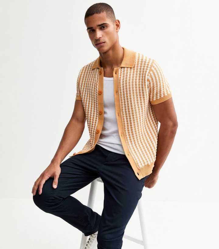 Brown Striped Regular Buttoned Knit Polo Shirt