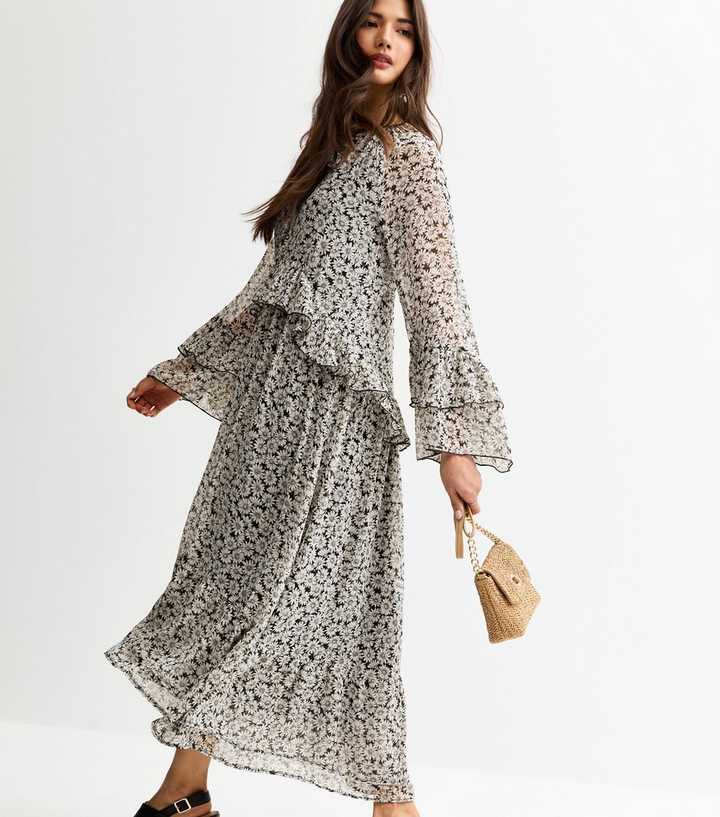 Black Daisy Print Frilly Trim Chiffon Midi Dress