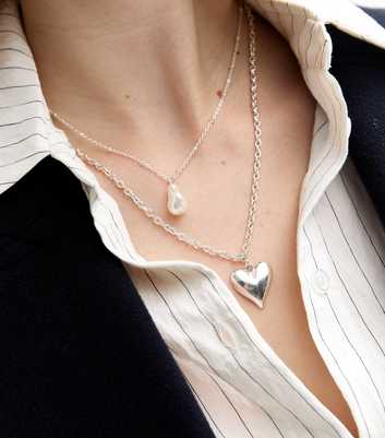 Silver Tone Layered Puff Heart Pearl Necklace