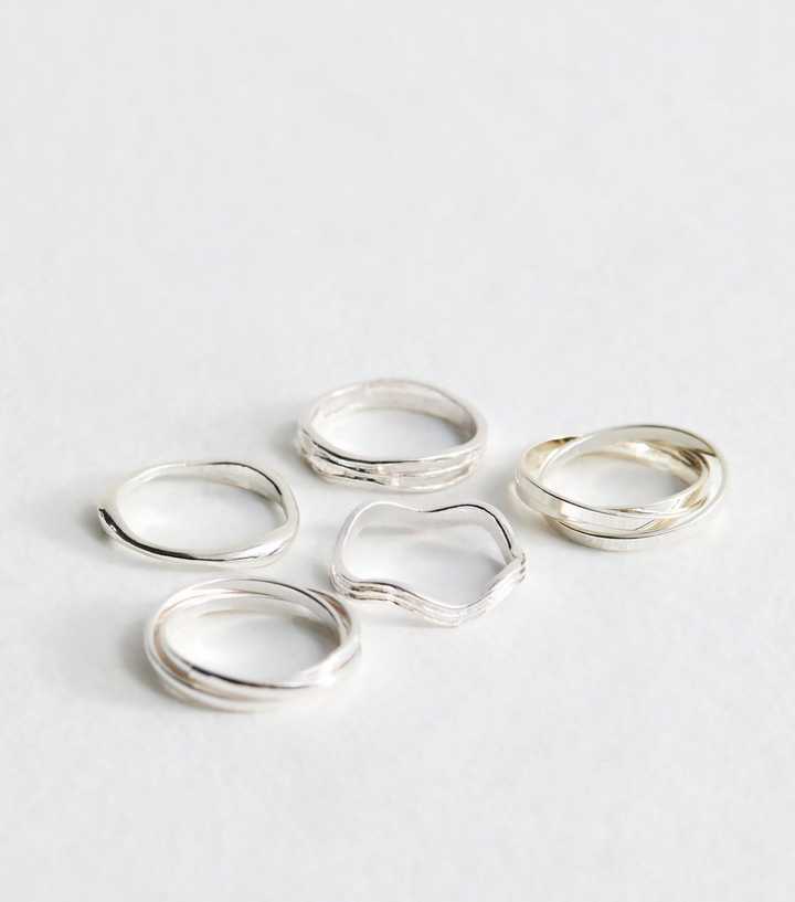 Pack of 5 Silver Tone Crossover Rings