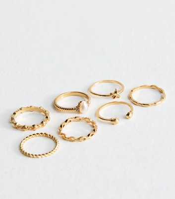 Pack of 6 Gold Tone Shell Faux Pearl Rings