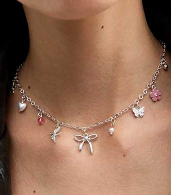 Silver Tone Bow and Flower Charm Necklace