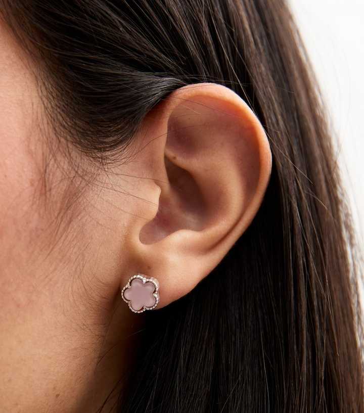Silver Tone Pink Centre Flower Earrings