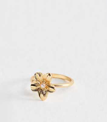 Gold Tone Faux Pearl Charm Flower Ring