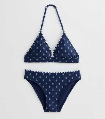 Girls Navy Floral Print Blanket Stitch Bikini
