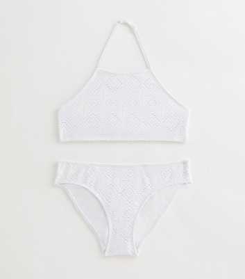 Girls White Crochet Halterneck Bikini Set