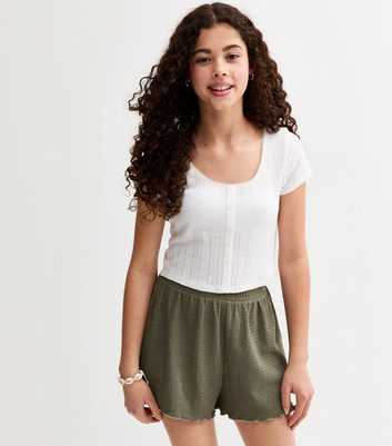 Girls Light Green Textured Lettuce Hem Shorts