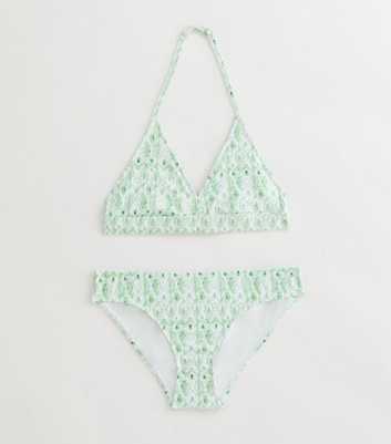 Girls Green Shibori Print Halterneck Bikini Set