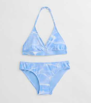 Girls Blue Water Print Halterneck Bikini Set