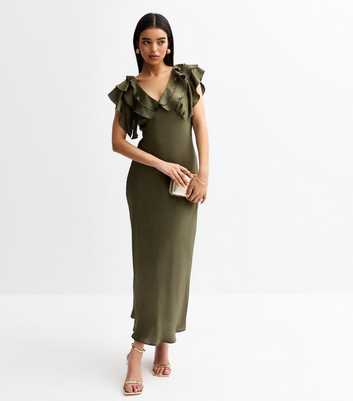 Khaki Crinkled Satin Ruffled Midi Dress