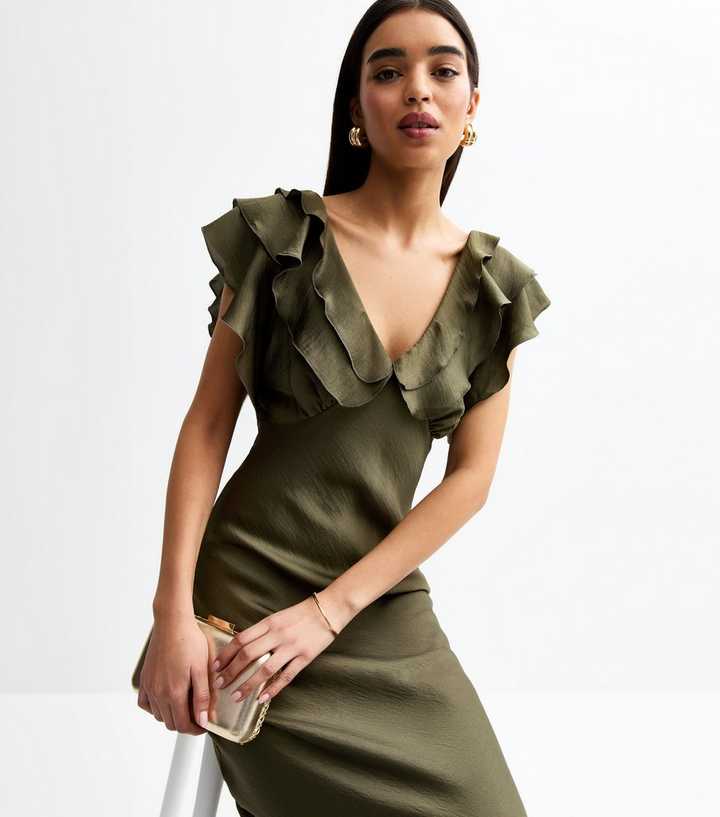 Khaki Satin Ruffled Midi Dress