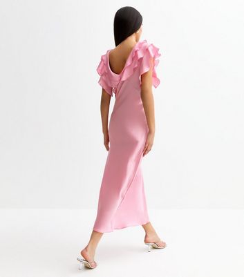 Pink Satin Ruffled Midi Dress New Look