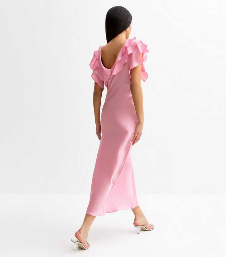 new look ruffle sleeve satin midi dress Light Green Satin Ruffled Midi Dress