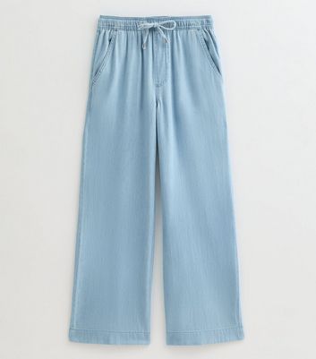 Light Blue Drawstring Waist Soft Denim Trousers | New Look