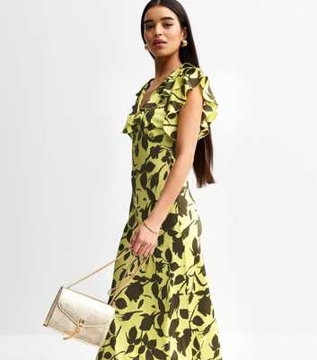 Green Satin Floral print Ruffle Trim Midi Dress