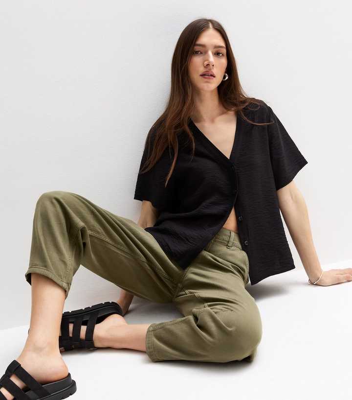 Khaki Twill Barrel Leg Ankle Grazer Cargo Trousers