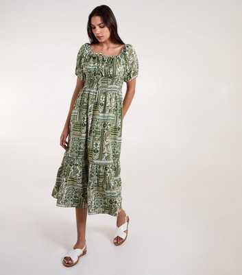 Blue Vanilla Green Printed Scoop Neck Midi Dress