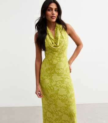 Green Jacquard Cowl Halterneck Midi Dress