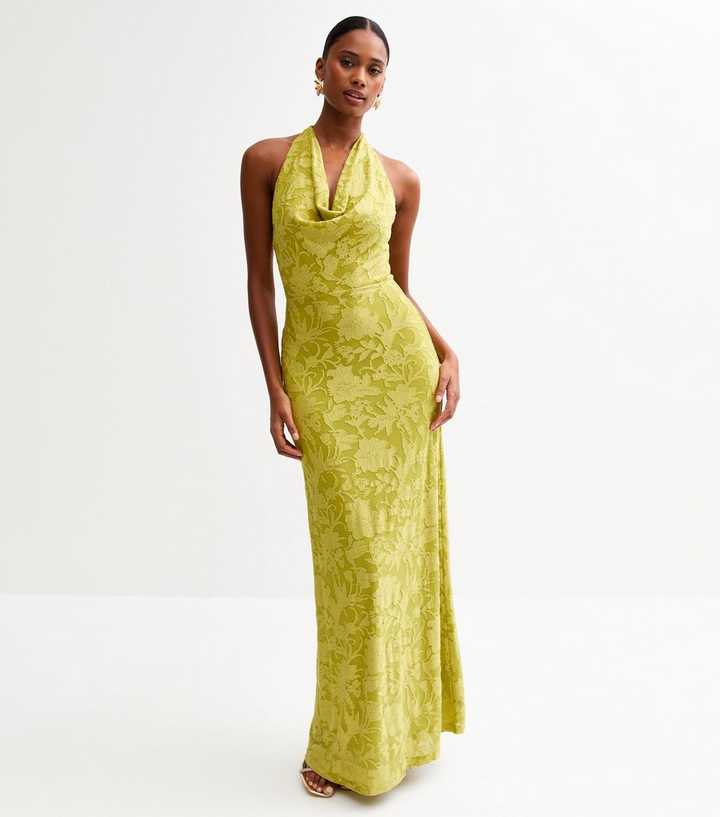 Green Jacquard Cowl Halterneck Midi Dress