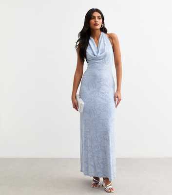 Blue Jacquard Cowl Halterneck Midi Dress