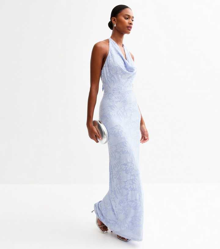 Blue Jacquard Cowl Halterneck Midi Dress | New Look Blue Jacquard Cowl Halterneck Midi Dress | New Look