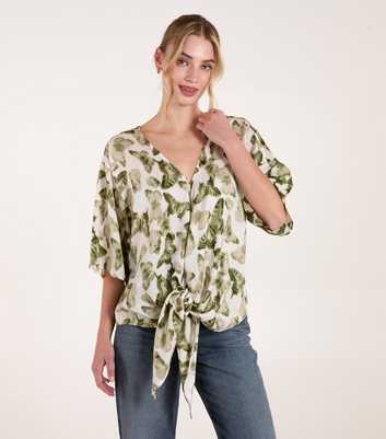 Blue Vanilla Green Butterfly Print Tie Front Top