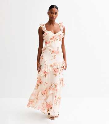 Cream Vintage Floral Print Chiffon Maxi Dress