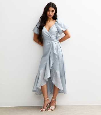 Light Blue Textured Wrap Ruffle Midi Dress