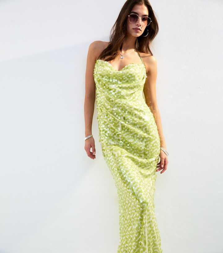 new look green sequin dress Dark Green Sequin Satin Halter Midaxi Dress