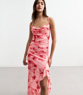 knee length dresses for ladies Hot Pink Rhinestone Draped Mesh Maxi Dress Pink / 4