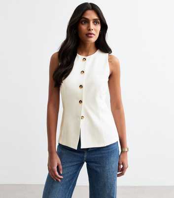 White Buttoned Crew Neck Ponte Waistcoat