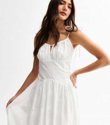 White Floral Embroidered Cotton Midi Dress