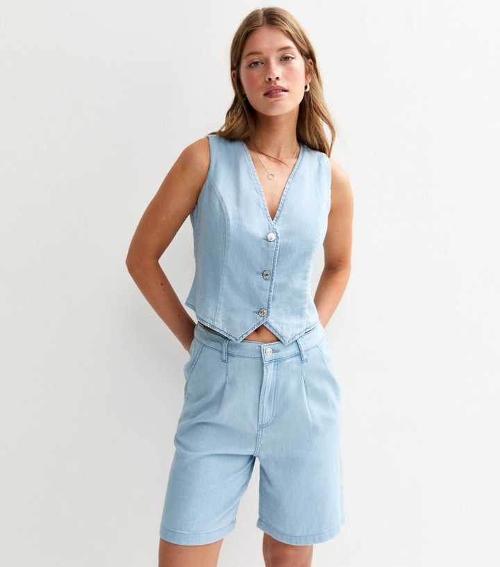 Light Blue Cropped Soft Denim Waistcoat