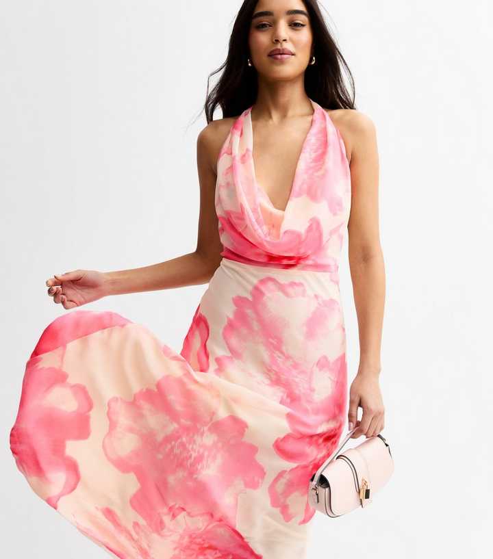 White Floral Print Halterneck Chiffon Midi Dress