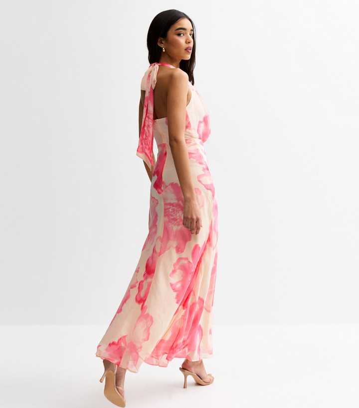 White Floral Print Halterneck Chiffon Midi Dress